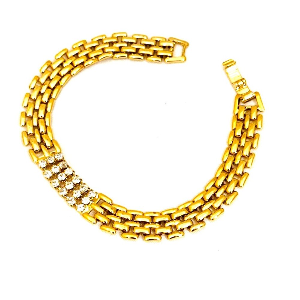 Vintage Gold-Tone Rhinestone Bracelet With Fold Over Clasp & Triple Row Design
